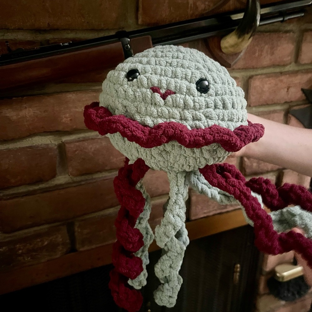 Handmade Crochet Jellyfish Plush in Sea Foam Green and Cranberry - Picture 5 of 5
